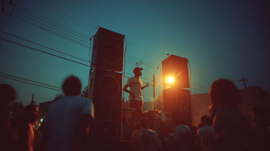 Hip-Hop Was Invented by a Jamaican Immigrant — and 6 Other Things the Caribbean Gave America llustration of a 1970s Bronx block party at dusk with stacked sound-system speakers and a DJ at a turntable - artist's interpretation by Wehpa, created with AI.
