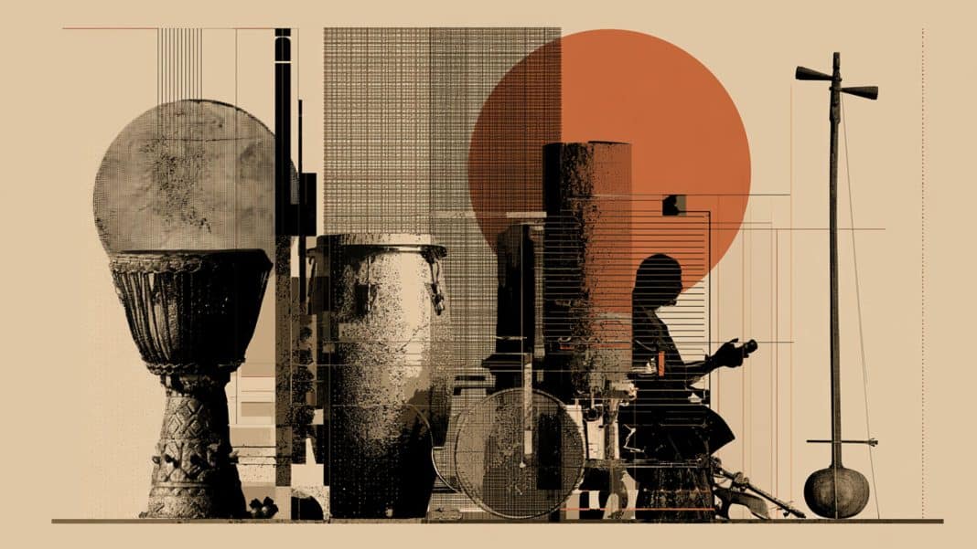 Afro-Latin percussion circle — West African drum, Cuban conga, Puerto Rican barril de bomba and Brazilian berimbau in warm earth tones. Illustration, artist's interpretation by Wehpa, created with AI.