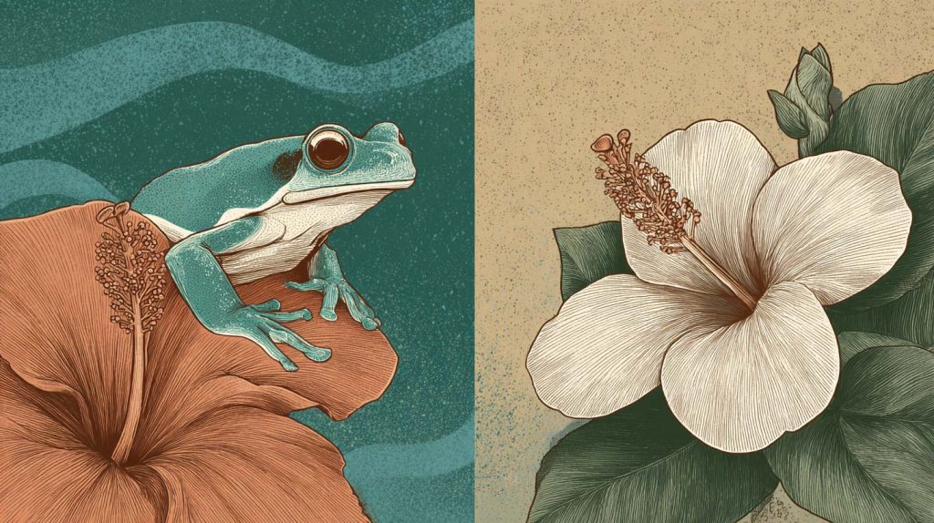 Illustration of a Puerto Rican coquí and a Filipino sampaguita on a Hawaiian beach, symbolizing Bruno Mars's mixed heritage