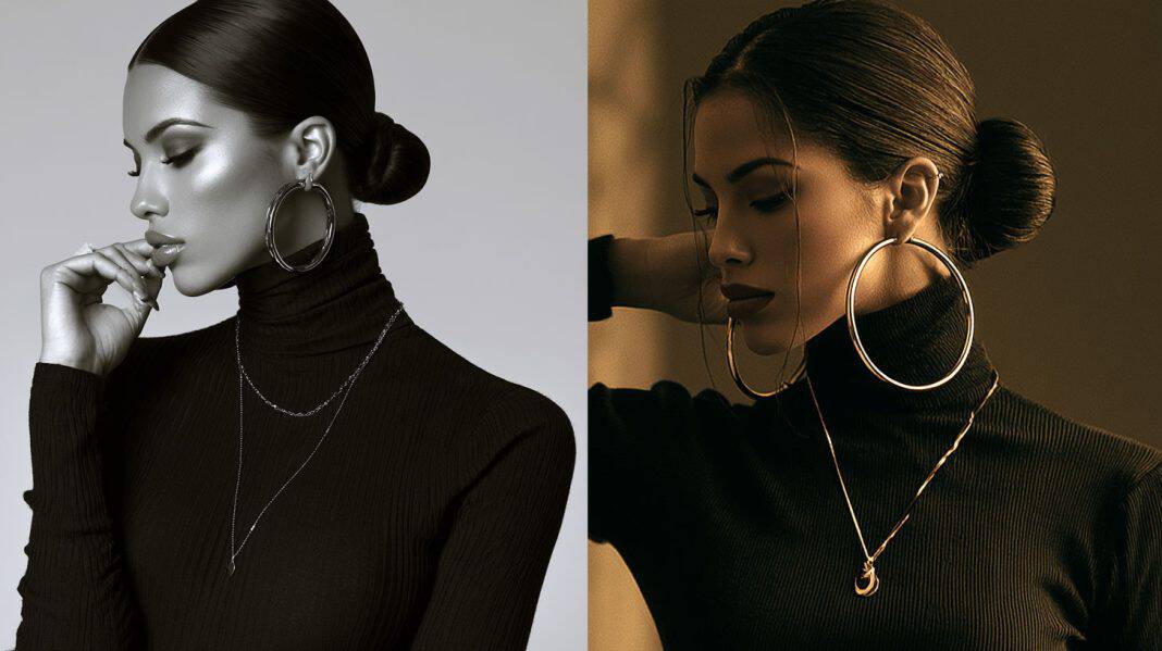 Clean girl aesthetic next to its 90s chola style roots — slicked bun, gold hoops, brown lip liner