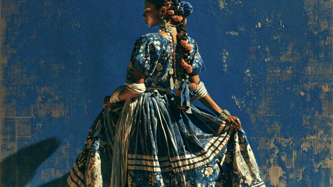 Frida Kahlo Style: 5 Bold Secrets Behind Her Iconic Look llustration of a woman in Tehuana dress with a marigold-braided updo, evoking Frida Kahlo's Indigenous Mexican style