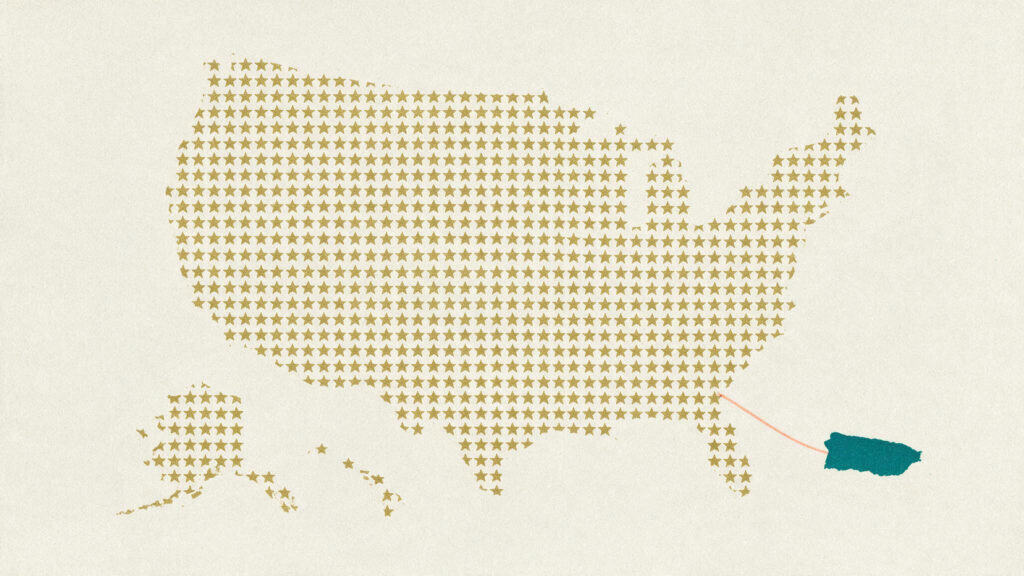 creen-print illustration of a star-filled U.S. map with Puerto Rico left starless, showing it has no Electoral College votes
