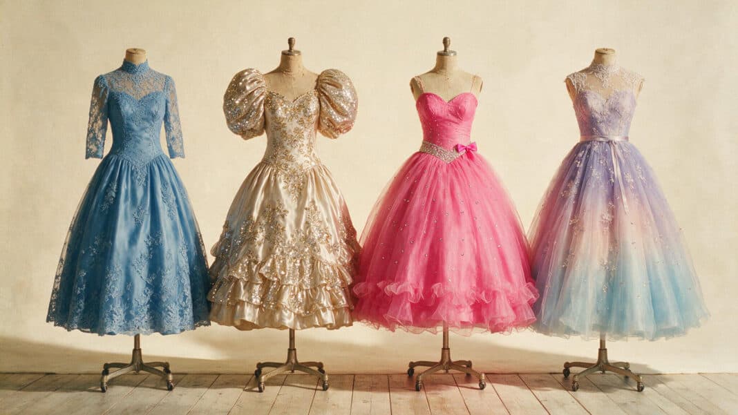 Why Do Quinceañera Dresses Look Like That? The History of the Gown llustration of four quinceañera gowns on dress forms showing the style evolving from 1960s white lace to modern ombré couture