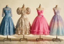 Why Do Quinceañera Dresses Look Like That? The History of the Gown llustration of four quinceañera gowns on dress forms showing the style evolving from 1960s white lace to modern ombré couture