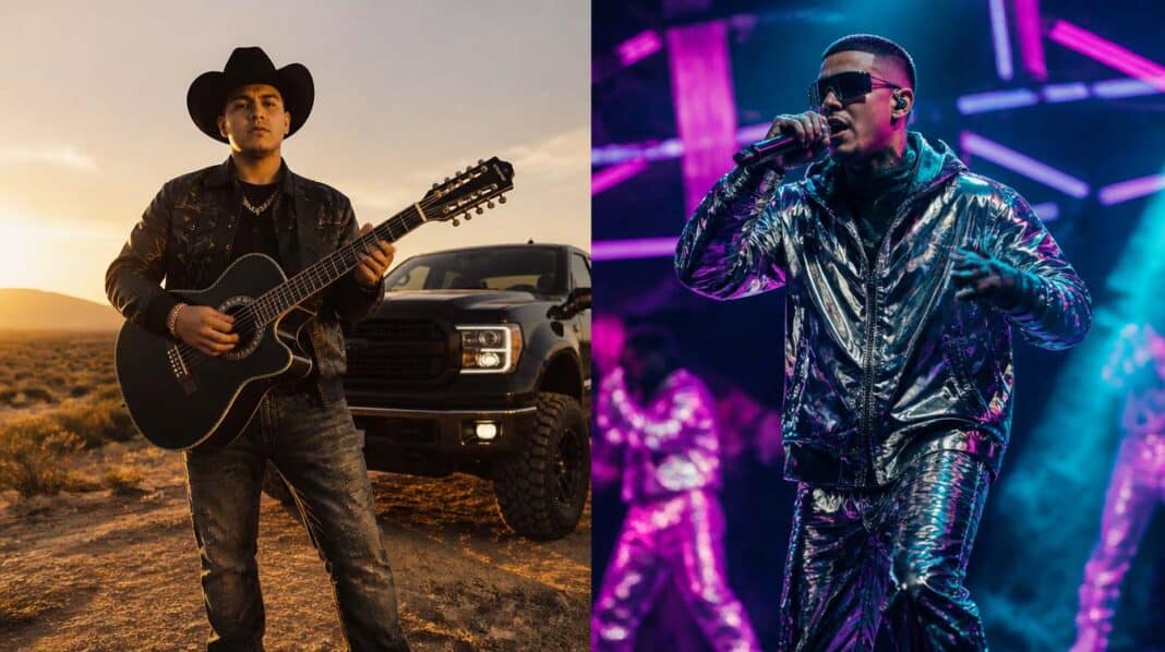 Regional Mexican vs Reggaeton: How Corridos Tumbados Overtook the Charts Illustration: split scene contrasting a young corridos-tumbados artist in the desert with a reggaeton performer on a neon arena stage — artist's interpretation created with AI by Wehpa.