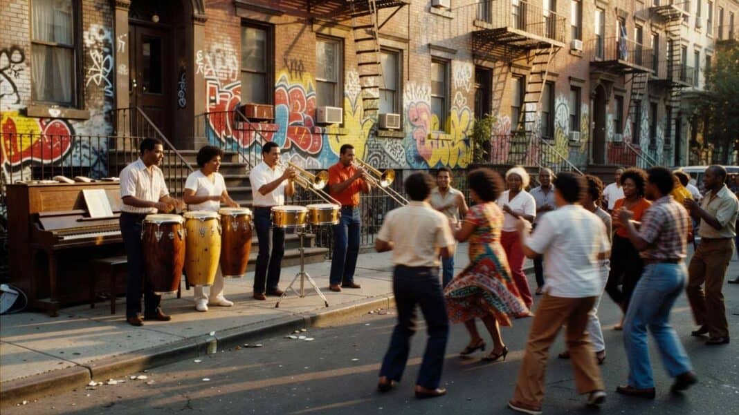 Is Salsa Cuban, Puerto Rican, or From New York? The Real Origin Is salsa Cuban or Puerto Rican? Illustration of a 1970s Latin street band and dancers at a Spanish Harlem block party where salsa was branded as a genre — artist's interpretation created with AI by Wehpa.