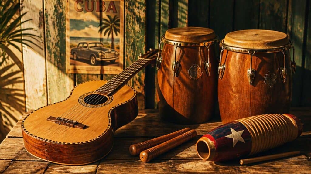 Illustration: a Cuban tres, congas, clave sticks and a Puerto Rican güiro — the Caribbean instruments at the root of salsa. Artist's interpretation created with AI by Wehpa.
