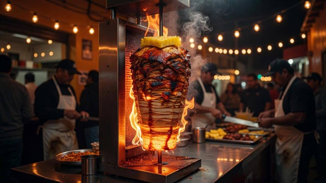 Tacos al pastor cooking on a vertical trompo spit, showing its shawarma origin