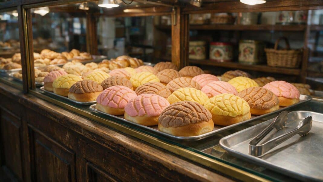 What Is a Concha? The Pan Dulce That Built the Mexican Panadería Illustration of a Mexican panadería case filled with conchas beside a metal tray and tongs