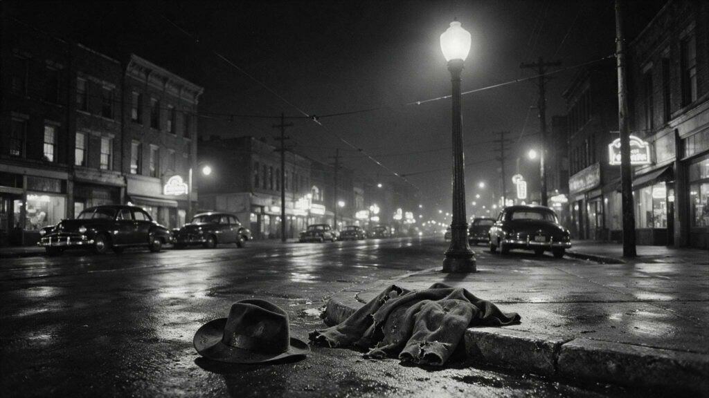 Illustration: a torn zoot-suit jacket and hat on a 1940s street at night, evoking the 1943 Zoot Suit Riots — artist's interpretation created with AI by Wehpa.