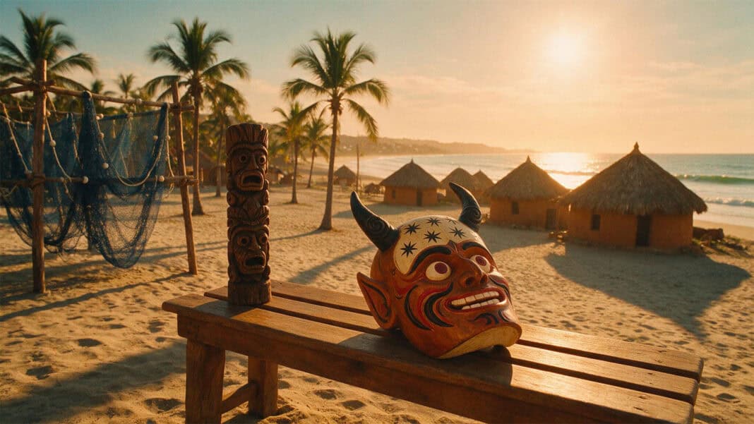 Illustration of round adobe-and-thatch redondo houses on the Costa Chica coast with a carved devil mask from the danza de los diablos in the foreground