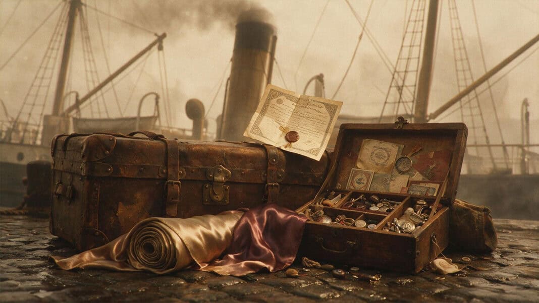 Arab Last Names in Latin America: Why So Many Latinos Are Lebanese Illustration of a steamer trunk, peddler's case, bolt of silk and a sealed Ottoman travel document on a dock, evoking Levantine migration to Latin America