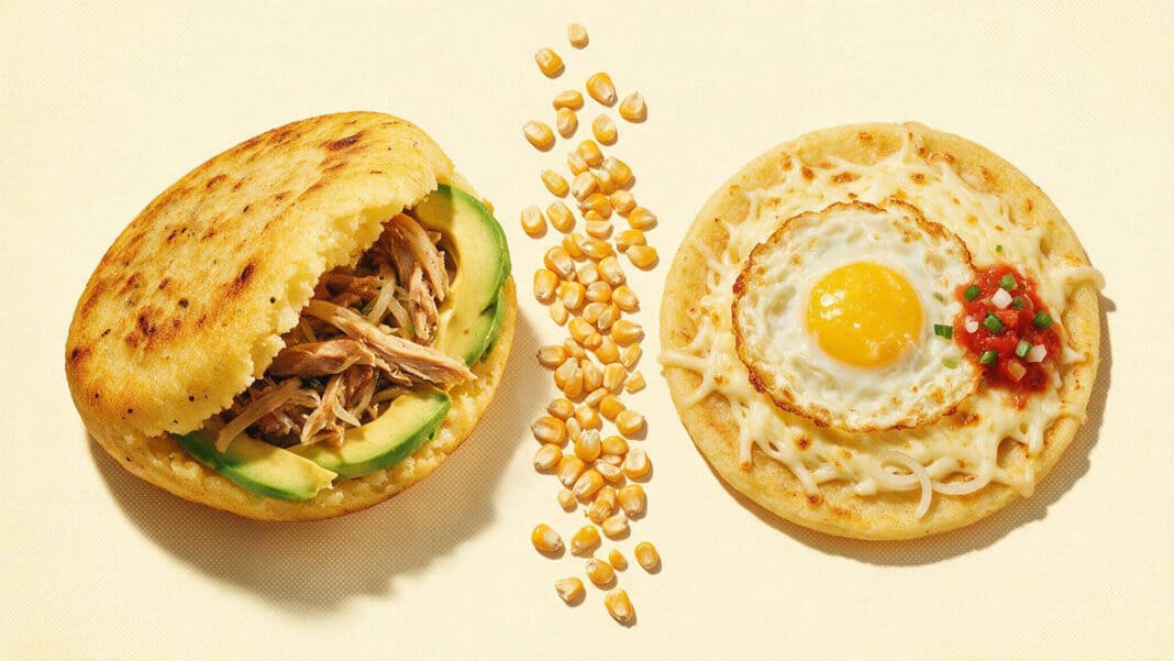 Are Arepas Venezuelan or Colombian? The Honest Answer Illustration comparing a thick stuffed Venezuelan arepa with a thin topped Colombian arepa, divided by a line of maize kernels