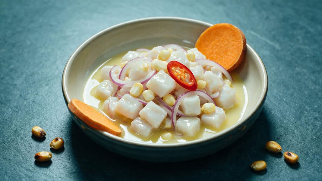 Illustration of Peruvian ceviche with red onion, choclo corn and sweet potato in a shallow bowl on dark slate