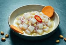 Is Ceviche Peruvian? What UNESCO Actually Recognized Illustration of Peruvian ceviche with red onion, choclo corn and sweet potato in a shallow bowl on dark slate