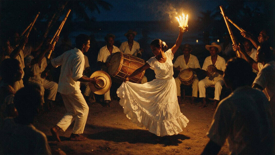 Where Did Cumbia Come From? Colombia’s Coast, Explained Illustration of a cumbia circle at night, a dancer holding lit candles at arm's length while drummers and gaita flute players perform behind her