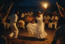 Where Did Cumbia Come From? Colombia’s Coast, Explained Illustration of a cumbia circle at night, a dancer holding lit candles at arm's length while drummers and gaita flute players perform behind her
