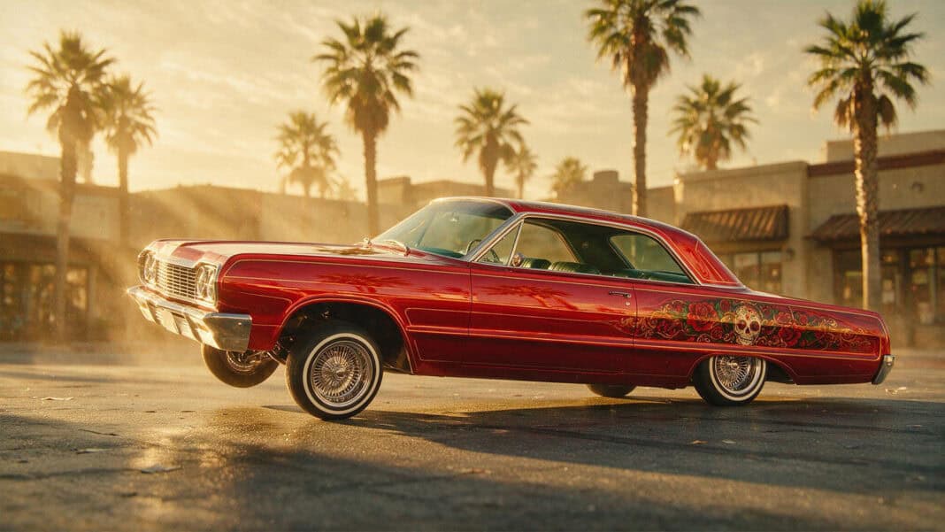 llustration of a lowrider dropped on wire wheels with its front end lifted on hydraulics, cruising a Los Angeles boulevard at golden hour