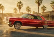 Lowrider History: California Banned the Stance, So Builders Invented Hydraulics llustration of a lowrider dropped on wire wheels with its front end lifted on hydraulics, cruising a Los Angeles boulevard at golden hour