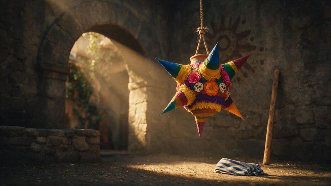 Where Do Piñatas Really Come From? The Marco Polo Story Is Not Proven llustration of a seven-point star piñata built on a clay pot hanging in a colonial courtyard beside a stick and a blindfold
