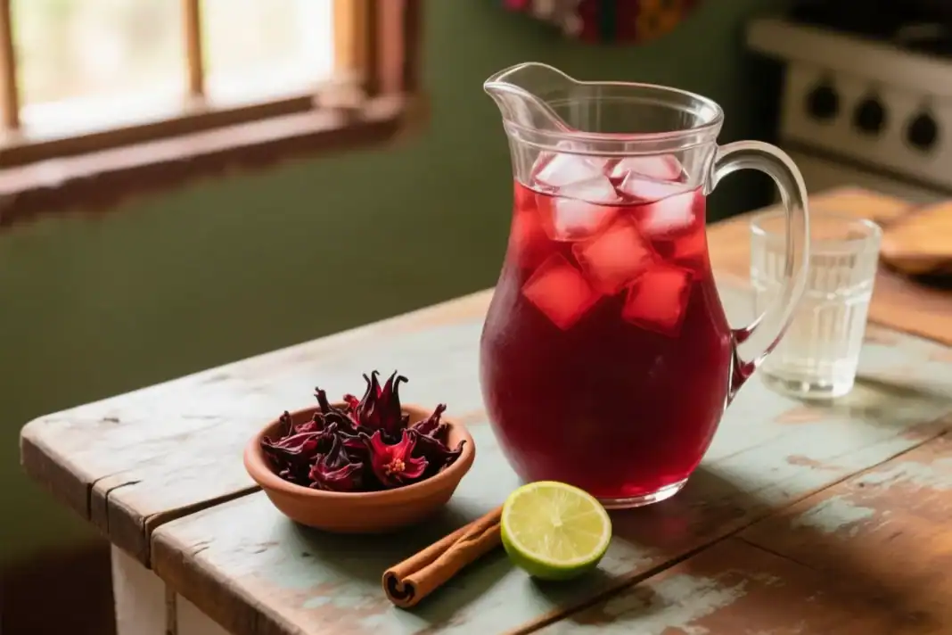 Illustration of agua de jamaica: a glass pitcher of ruby-red hibiscus tea with ice beside a clay bowl of dried hibiscus flowers, a cinnamon stick and half a lime on a wooden kitchen table