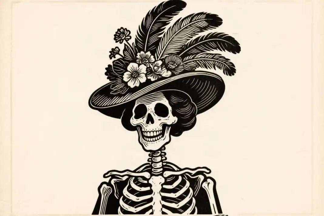 La Catrina: The 100-Year-Old Skeleton Who Was Making Fun of You Illustration of La Catrina, a grinning skeleton in a large plumed early-1900s hat, drawn like a black-ink broadsheet engraving on cream paper