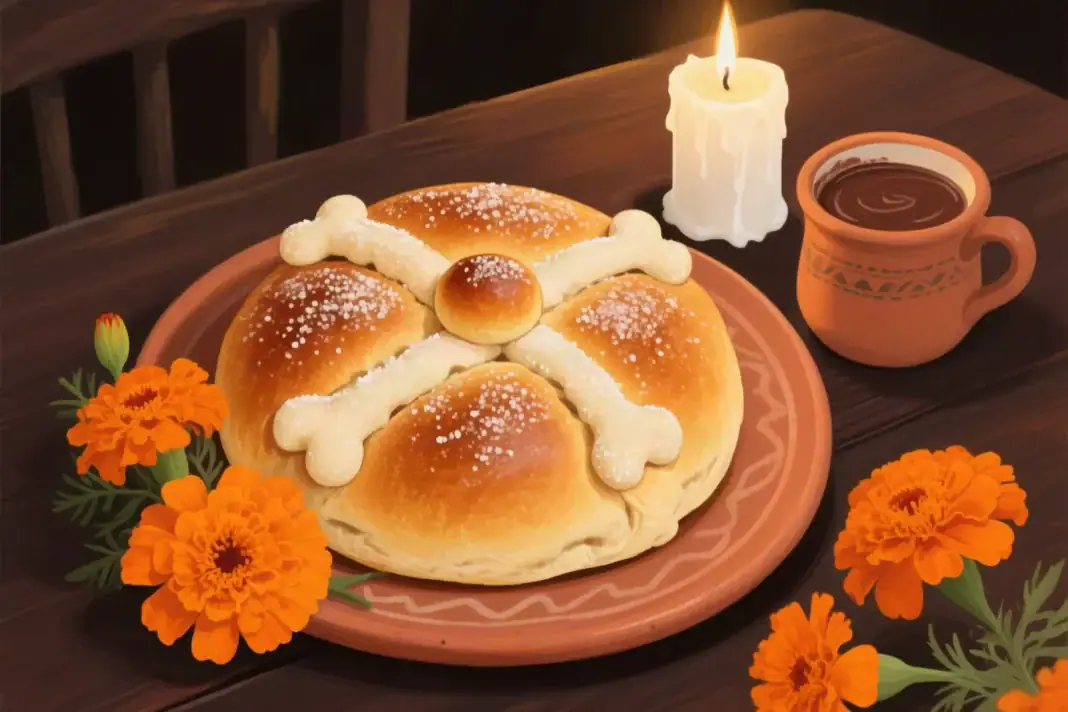 Illustration of pan de muerto: a round sugar-dusted loaf with crossed dough bones and a center knob on a clay plate beside orange marigolds, a candle and a cup of hot chocolate
